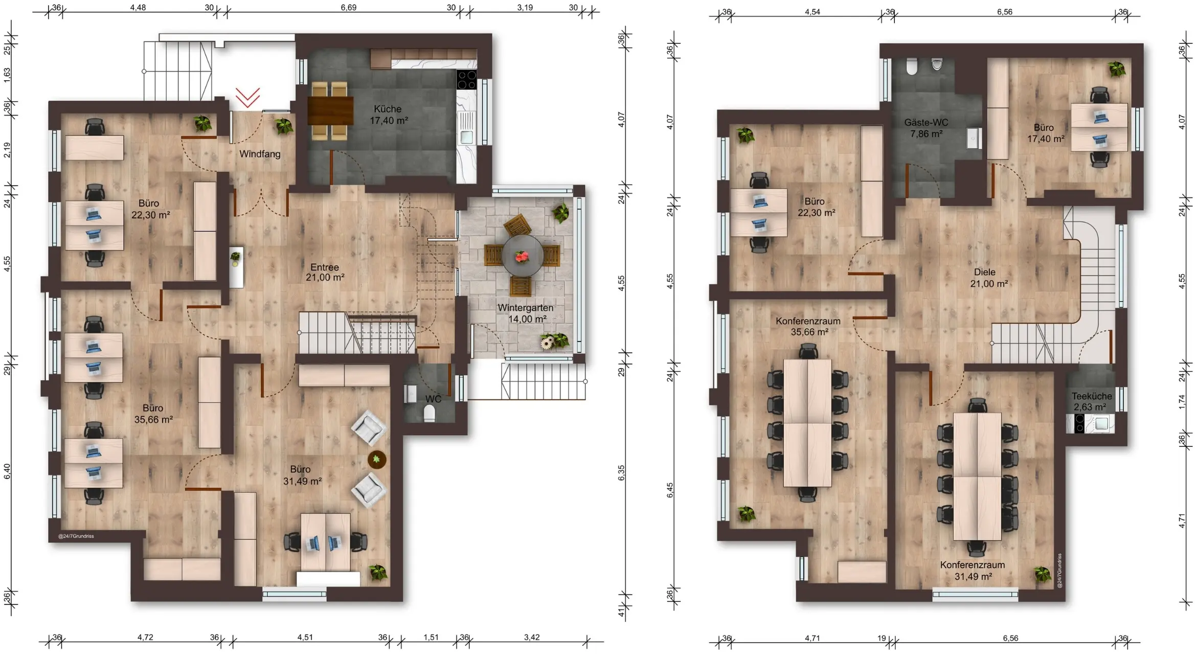 Grundriss Erdgeschoss eines Einfamilienhauses mit Einliegerwohnung in Bad Bentheim, Wohnen, Essen, Küche und Terrasse.