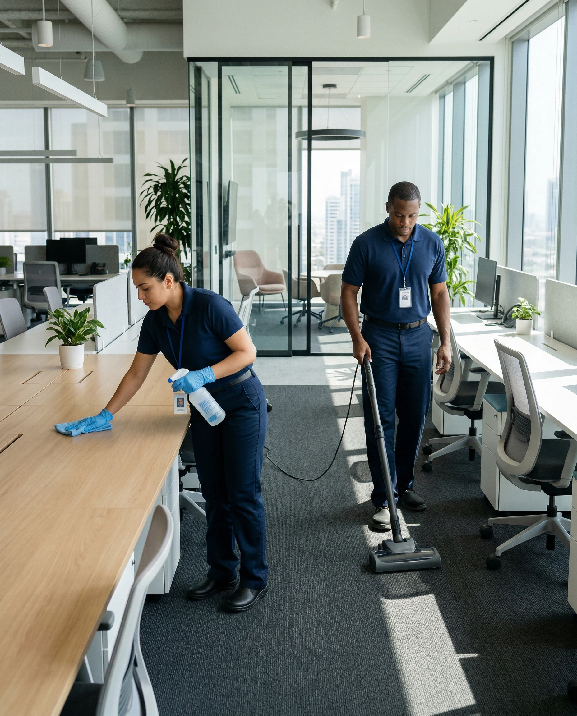 Two cleaners tidying an office space with plants and large windows.