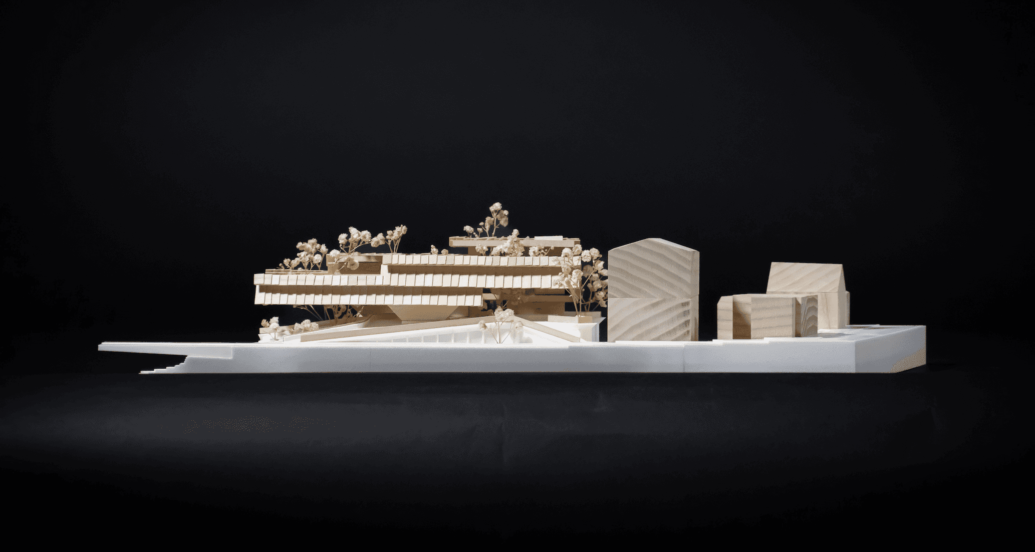 1/16th massing model, made from plywood, ash wood, hand cut basswood, and 3D printed topography.