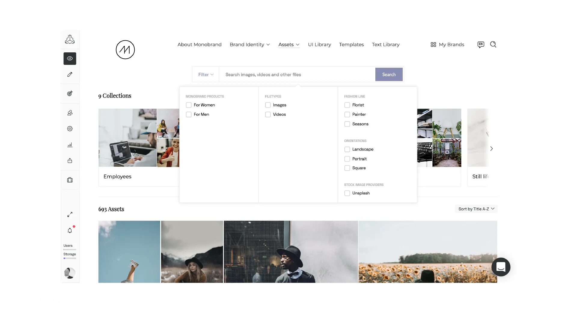 Bynder digital asset library with brand guidelines, templates, and metadata tools