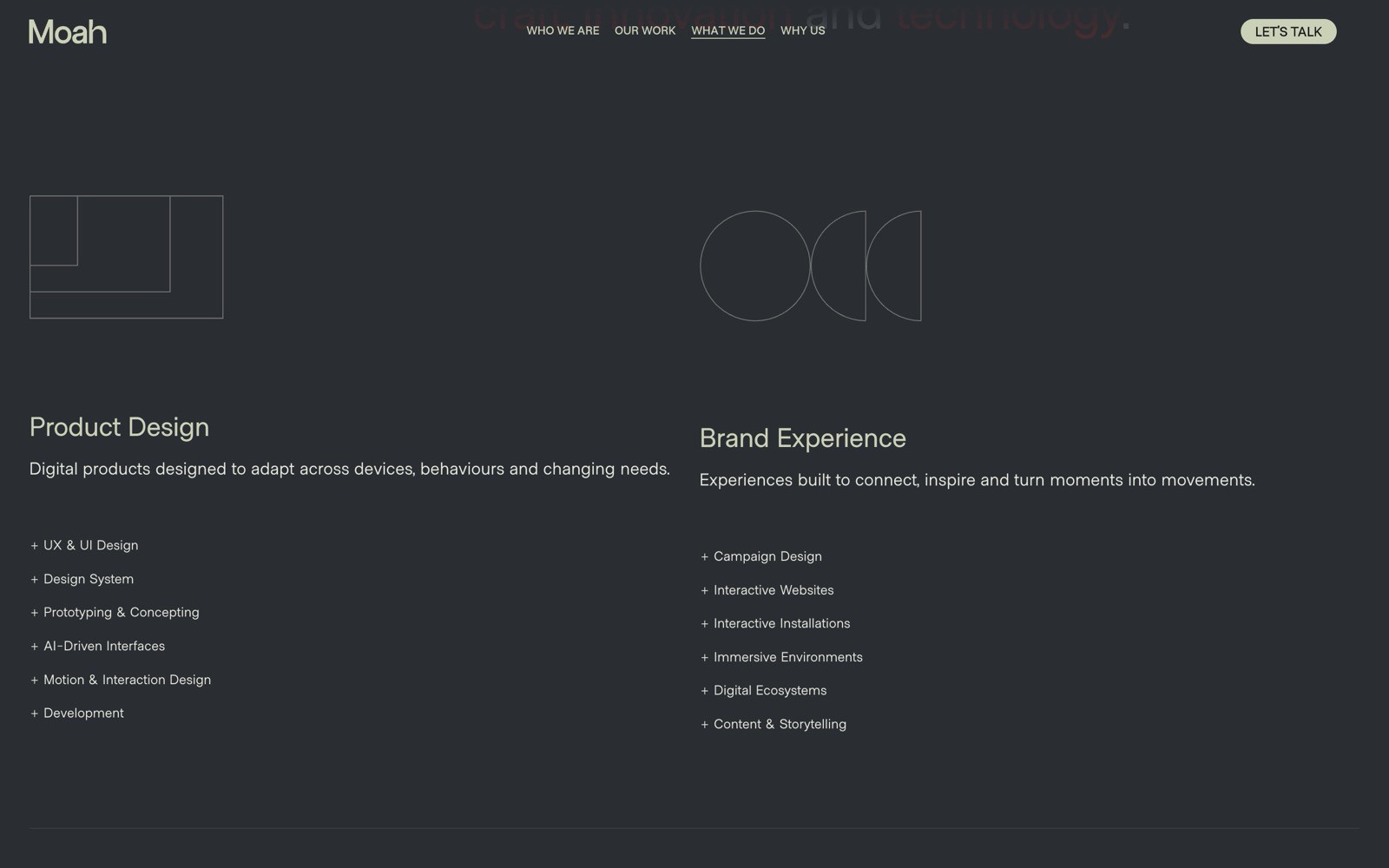 Dark-themed webpage with text: "Moah". Sections titled "Product Design" and "Brand Experience" list related services.