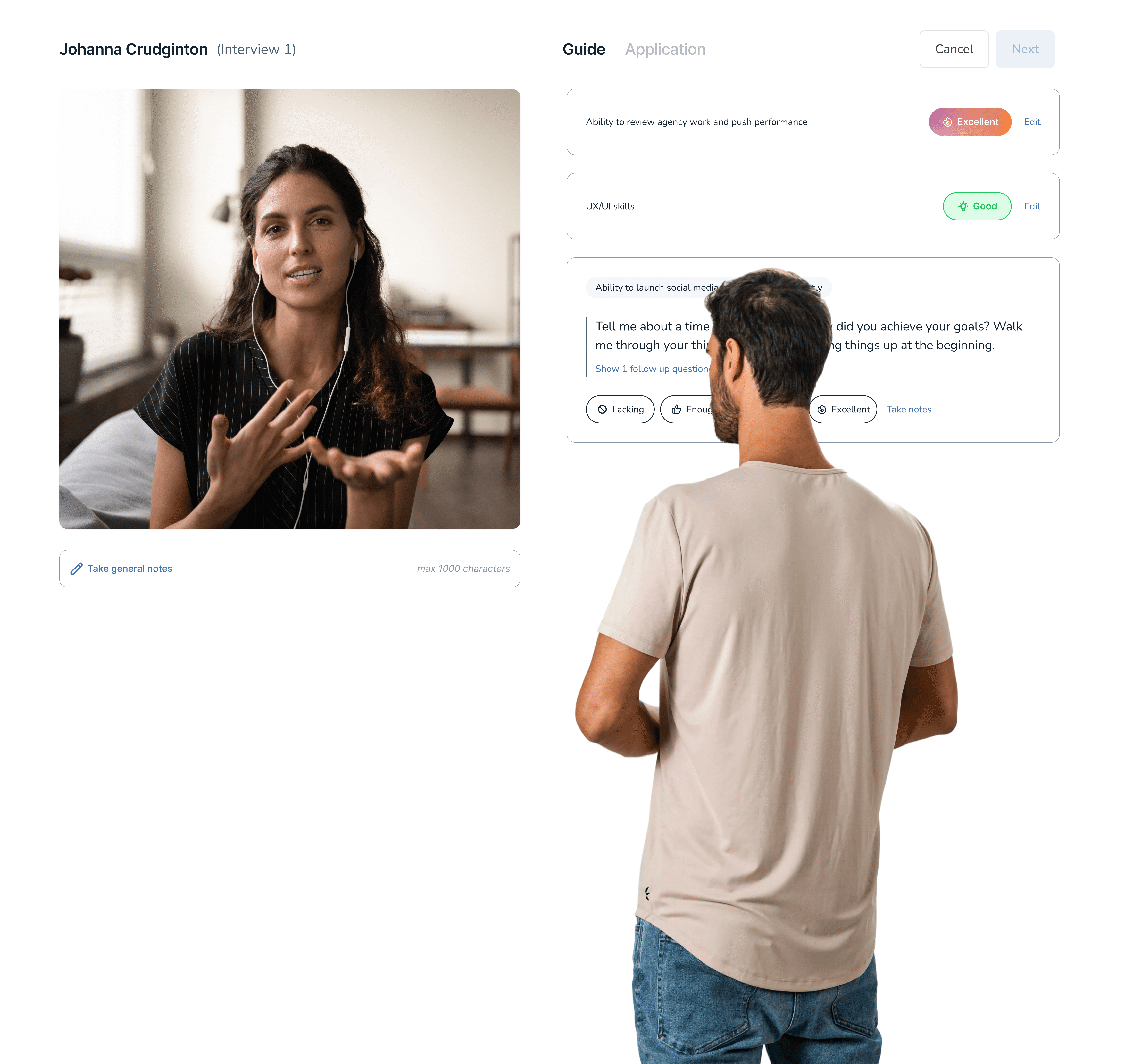 Screenshot of an oryx structured interview in progress, showing candidate video, interview guide, and scoring option