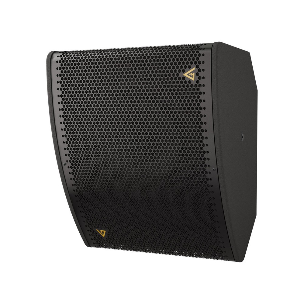 Black loudspeaker with gold accents and honeycomb grille