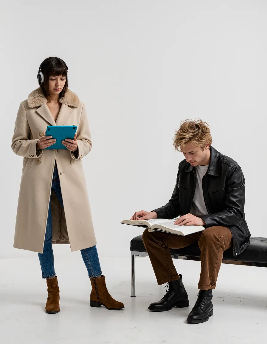 Two people in stylish outerwear on white studio backdrop, woman with tablet, man reading on bench