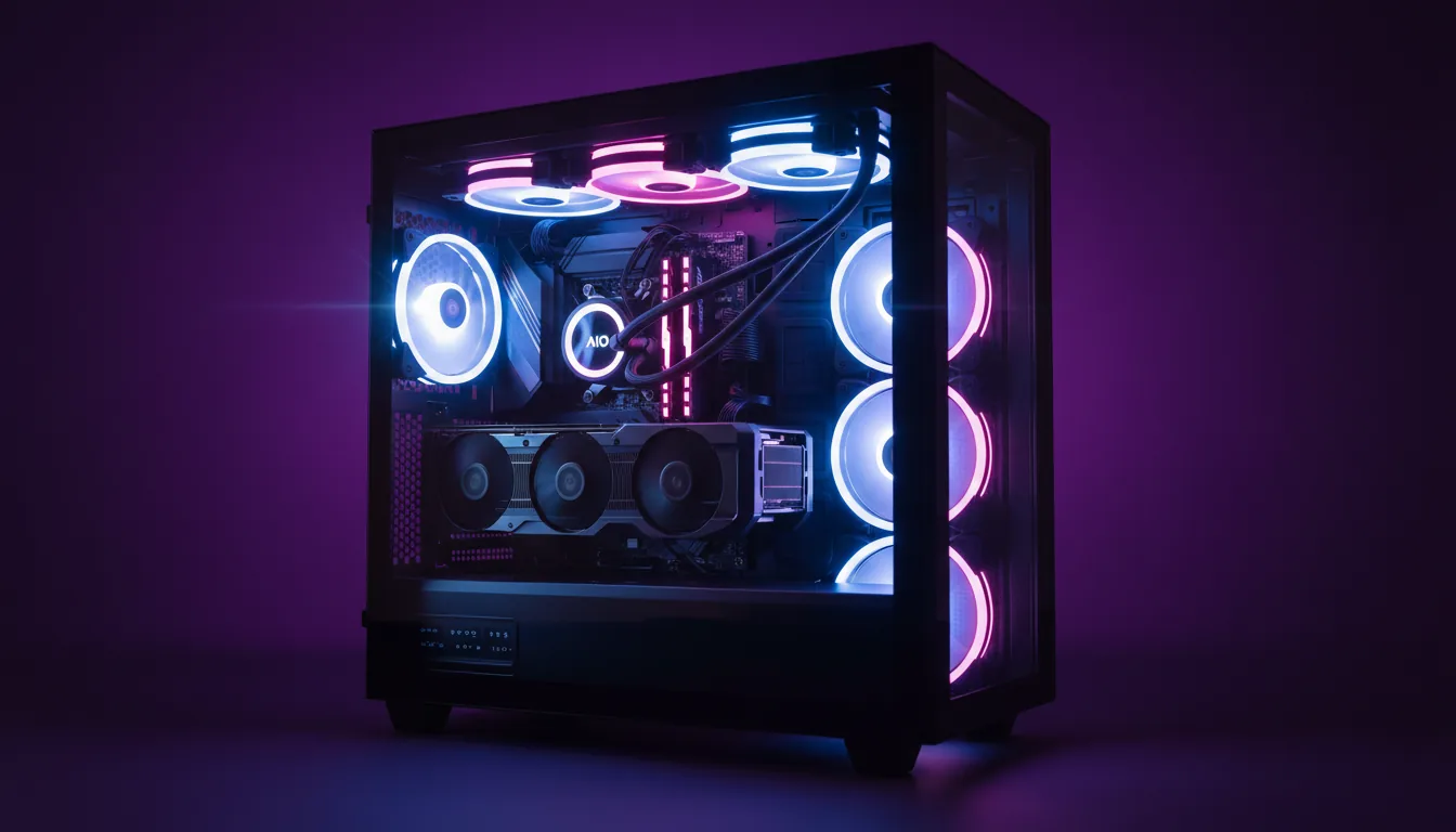 DSLR product photography of a high-performance gaming PC with a tempered glass side panel, showcased against a vibrant, solid purple studio backdrop. The interior is meticulously organized and illuminated by synchronized RGB components, including multiple cooling fans and an AIO liquid cooler, all glowing with electric blue and magenta light. Cinematic contrast highlights the sleek chassis and the visible high-end graphics card (GPU). The entire computer is in sharp focus, revealing the detailed textures of the internal hardware.