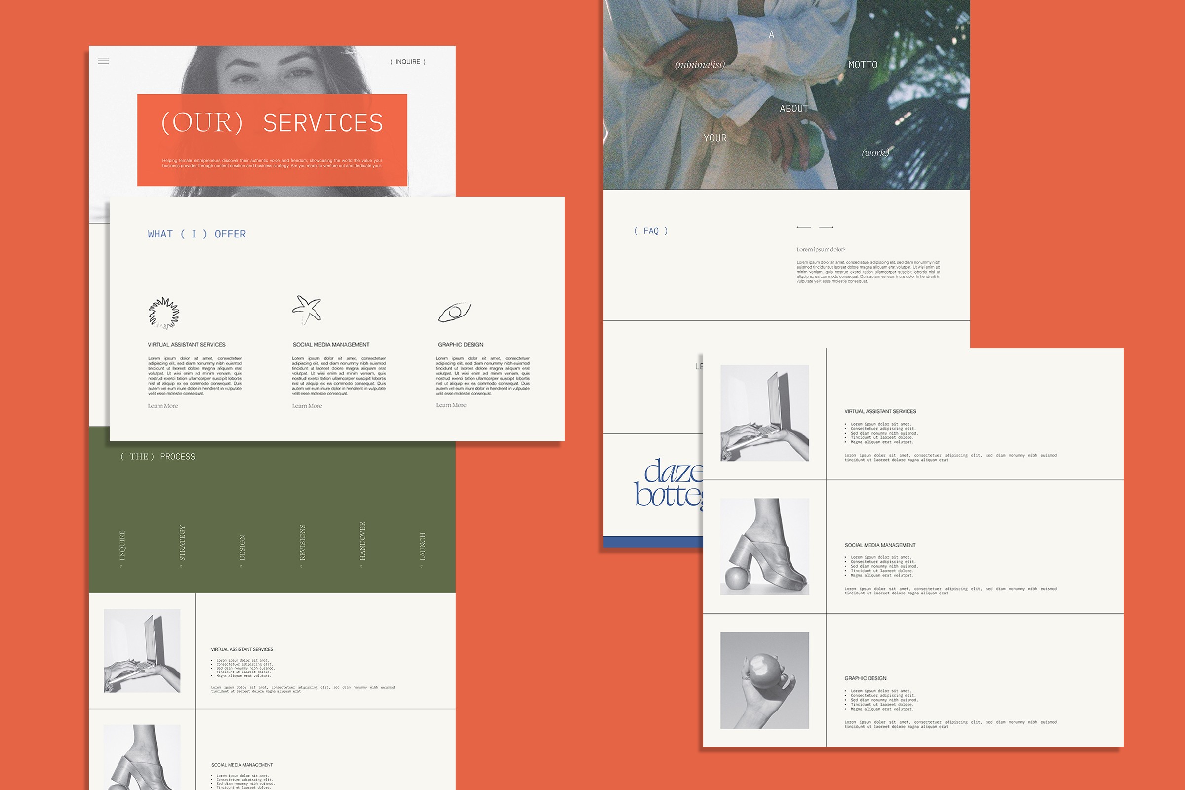 Colourful modular web layout featuring Dazey Bottega’s creative marketing approach, integrating photography and design.