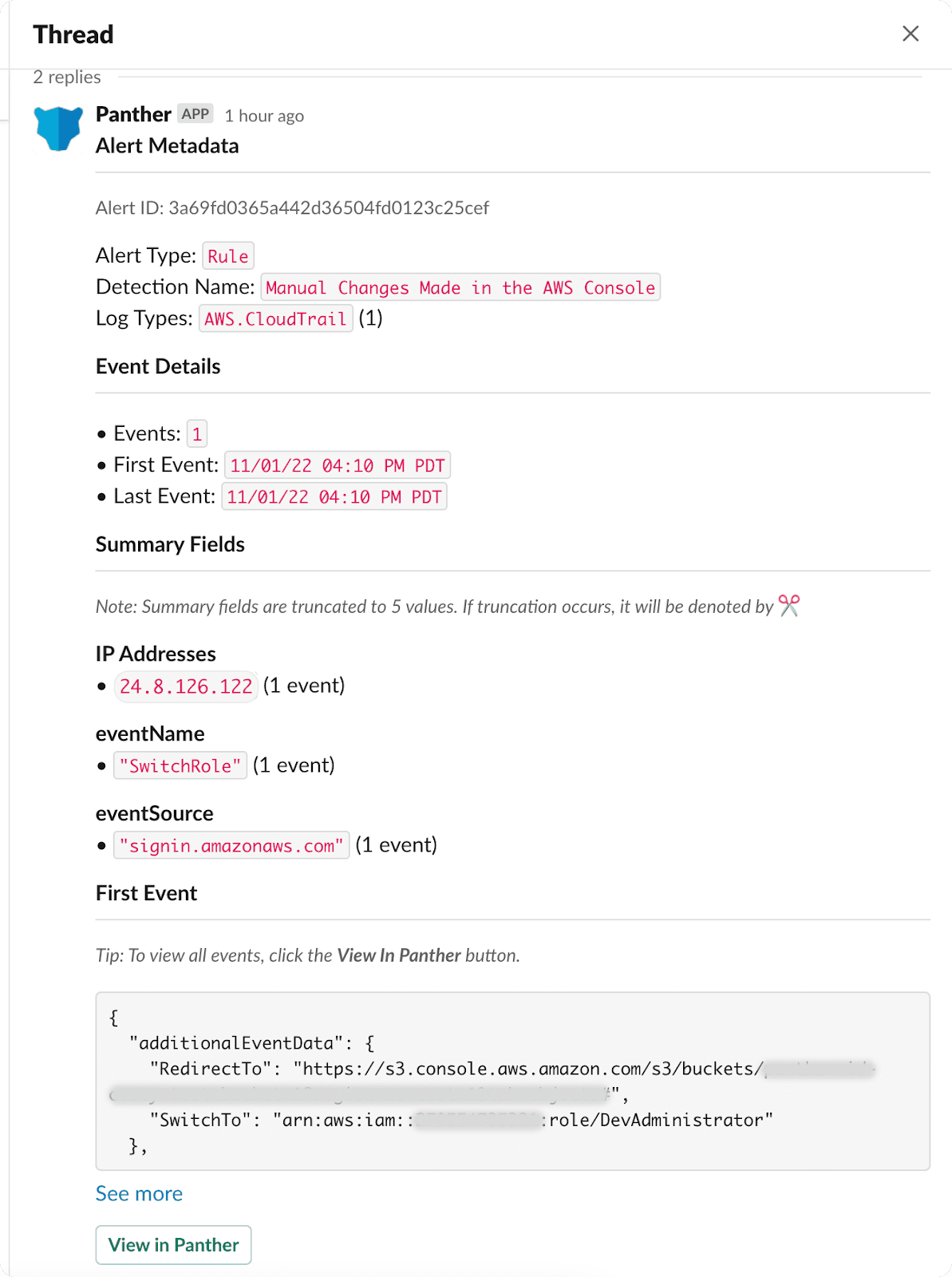 Screenshot of a follow-up Slack message showing extended alert context such as number of events, event dates, IP addresses, and raw event data.