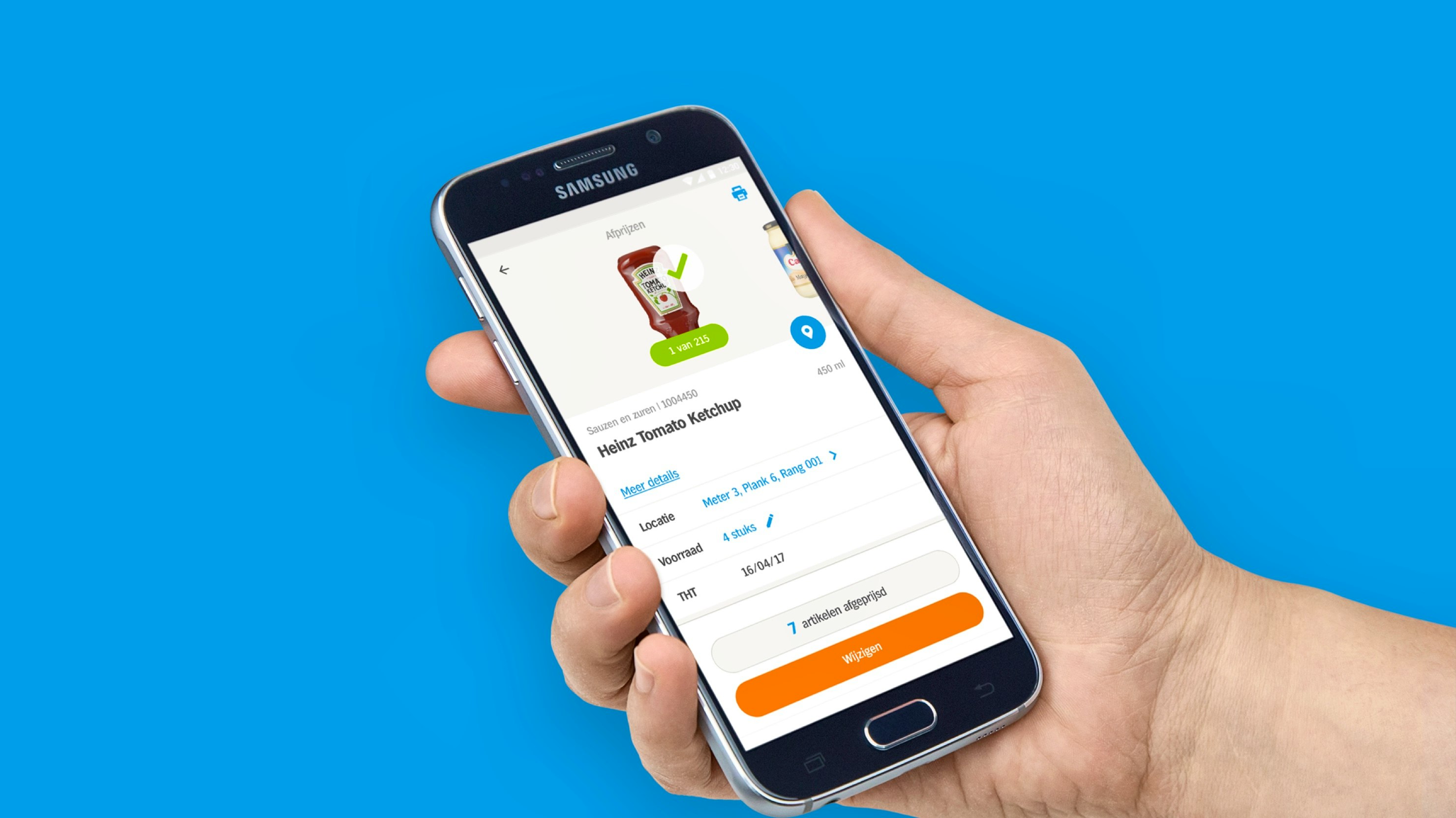 Albert Heijn — smartphone showing the Albert Heijn employee app with a product detail and shelf location view — Soda Studio case study