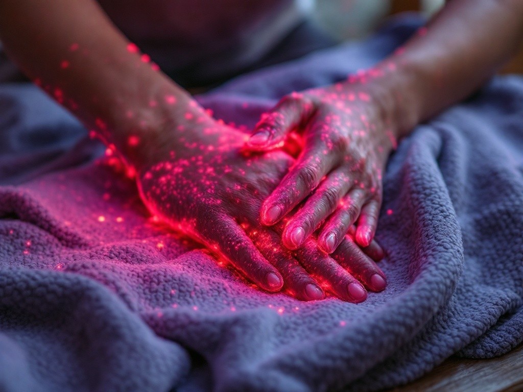 Close-up of hands glowing red on purple fabric