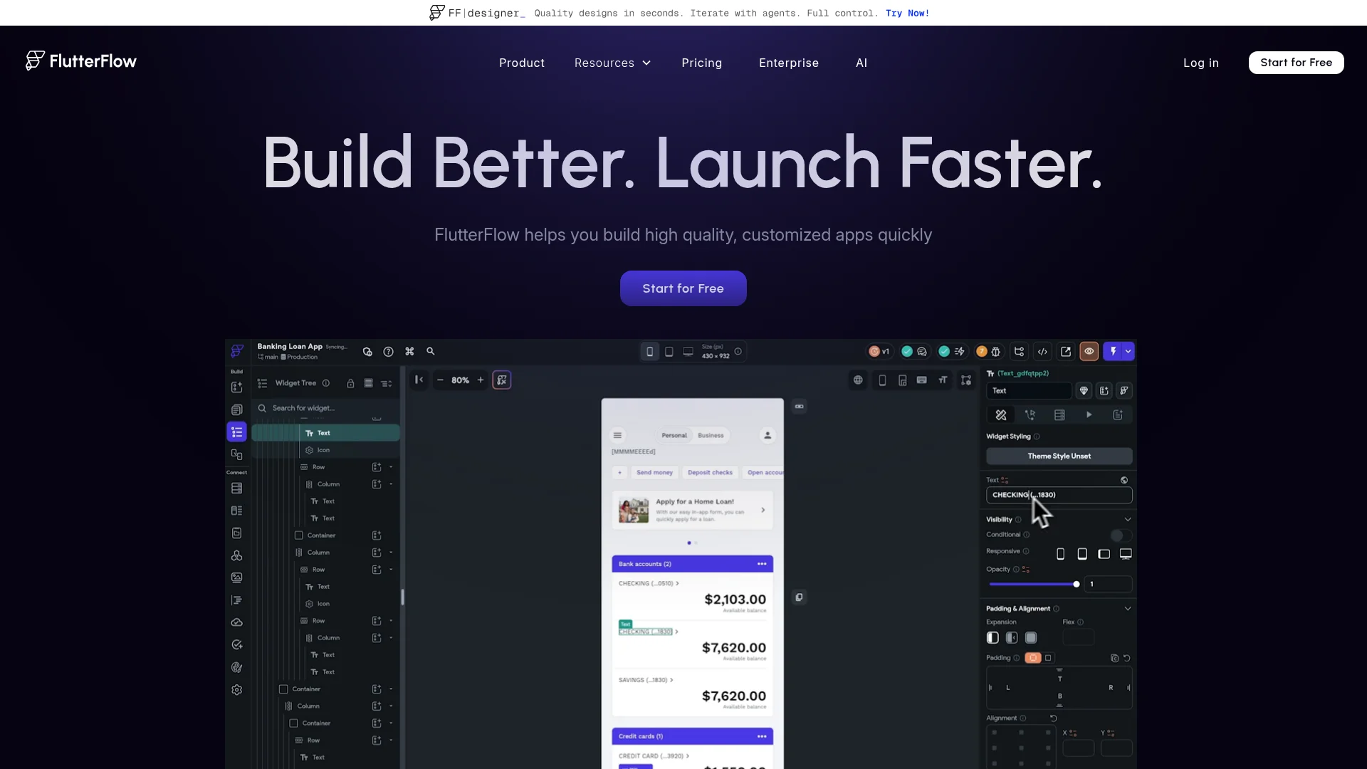 FlutterFlow homepage showing visual app builder interface