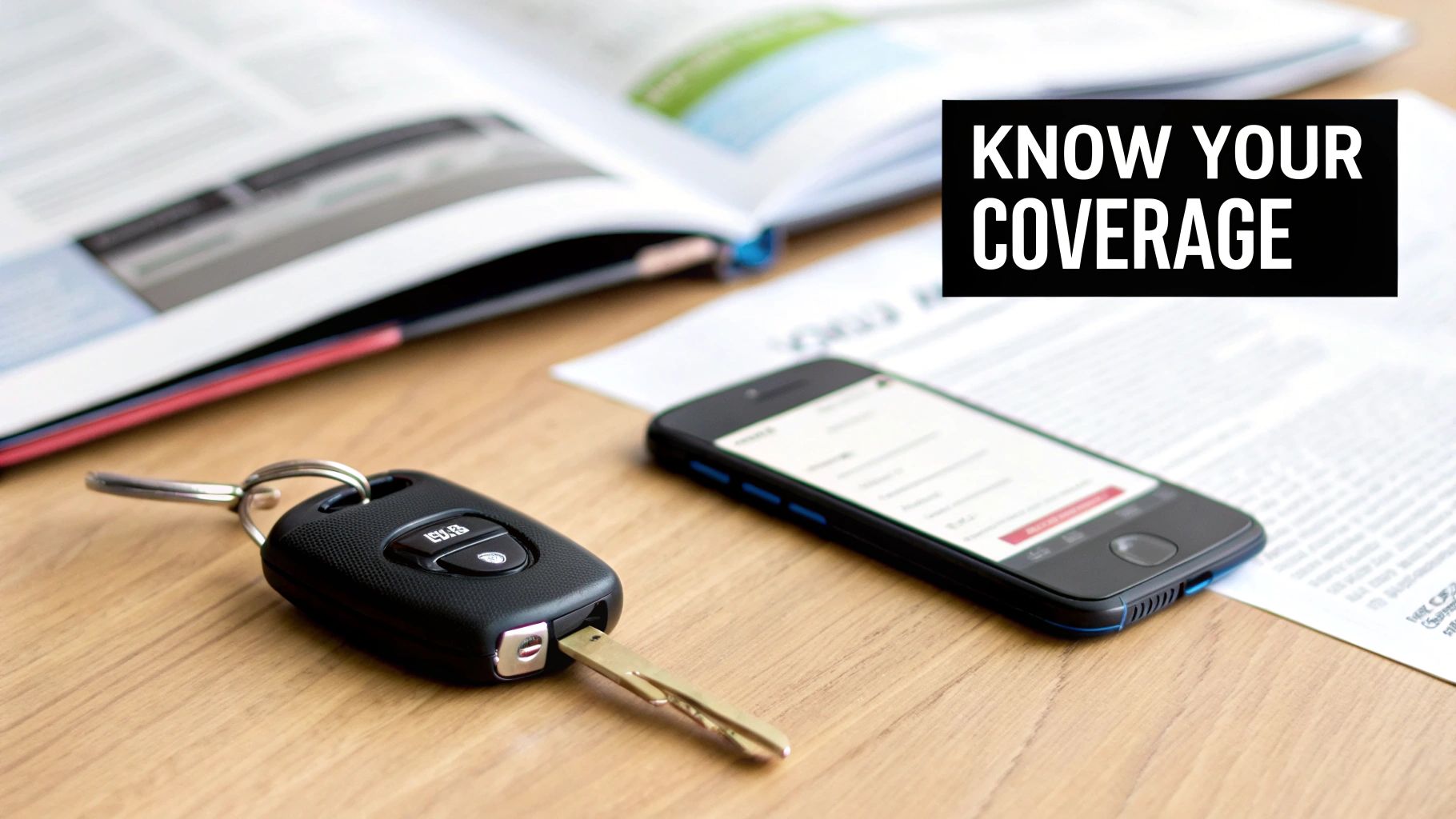 Car key, smartphone, and open policy documents on a wooden desk with 'KNOW YOUR COVERAGE' text.