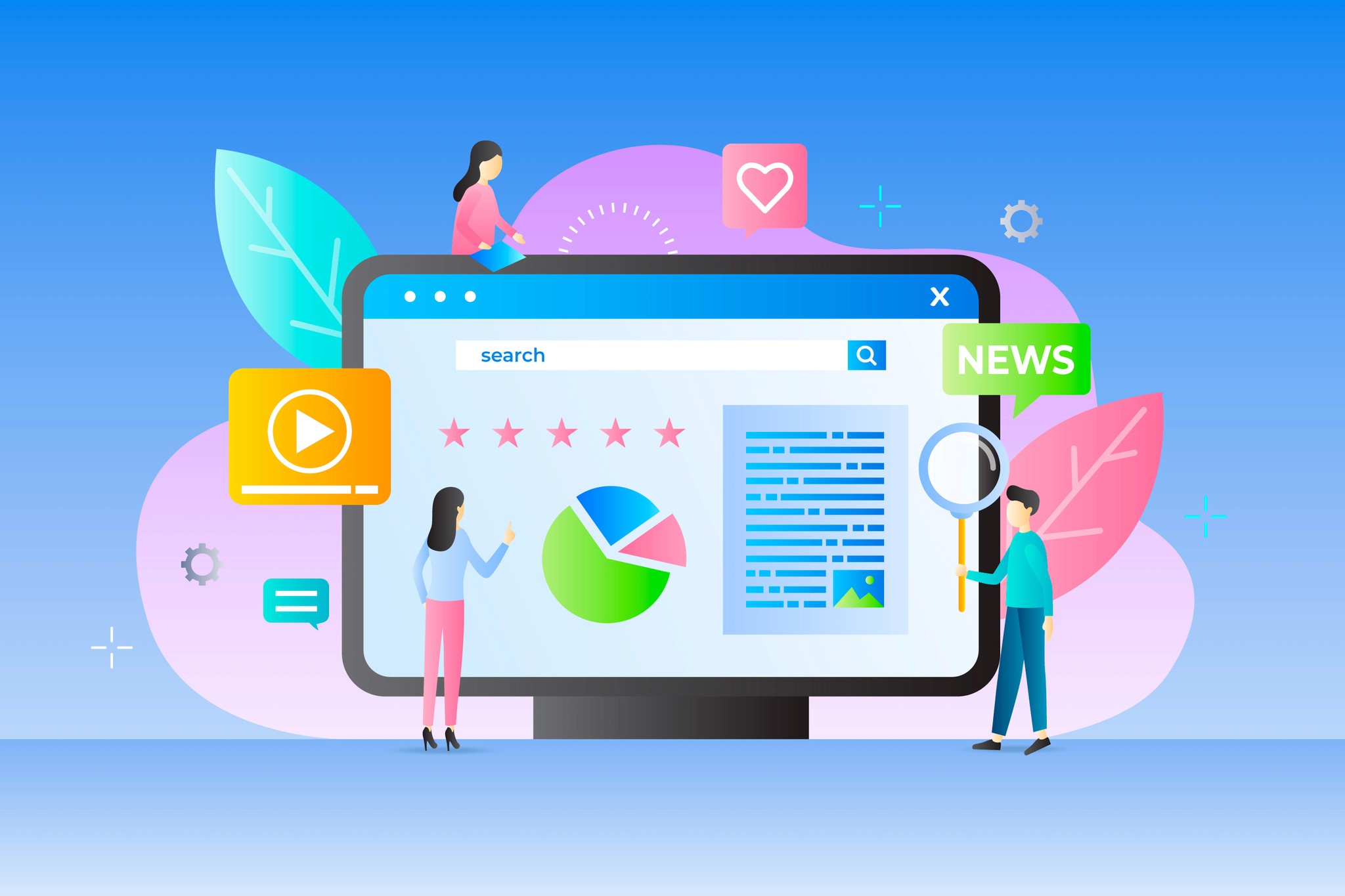 Illustration of digital marketing analytics on a computer screen, featuring a pie chart, search engine optimization tools, and social media icons, optimized for visualizing online data analysis and SEO strategies.