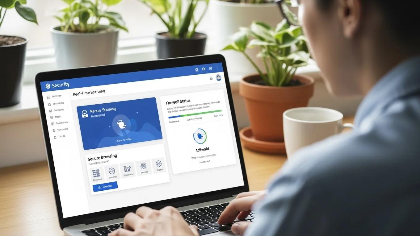 User engaged with security software on a laptop in a safe workspace