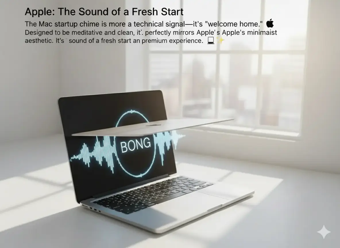 A sleek, silver Apple MacBook laptop is open on a table in a bright, minimalist room. A clear, blue soundwave with the word 'BONG' prominently displayed rises from the screen, representing the iconic Mac startup chime.