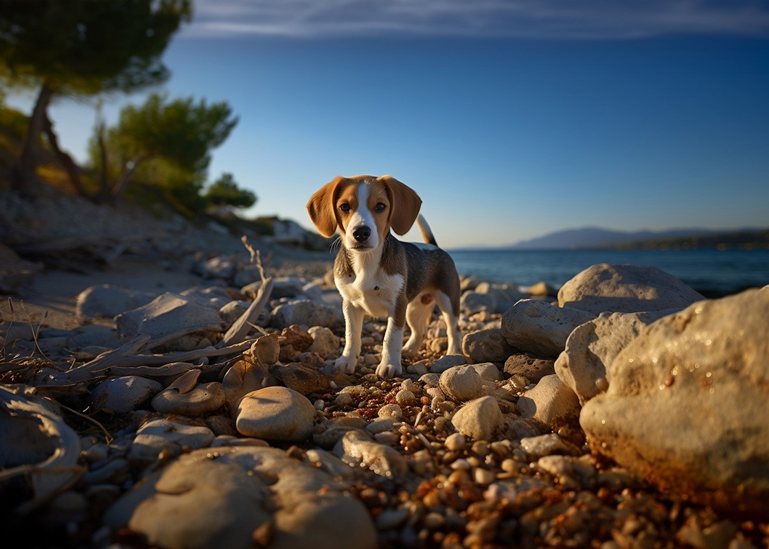 A wide shot Midjourney rendered image by Ashley Ncube, of a Beagle pup looking directly at the camera's perspective