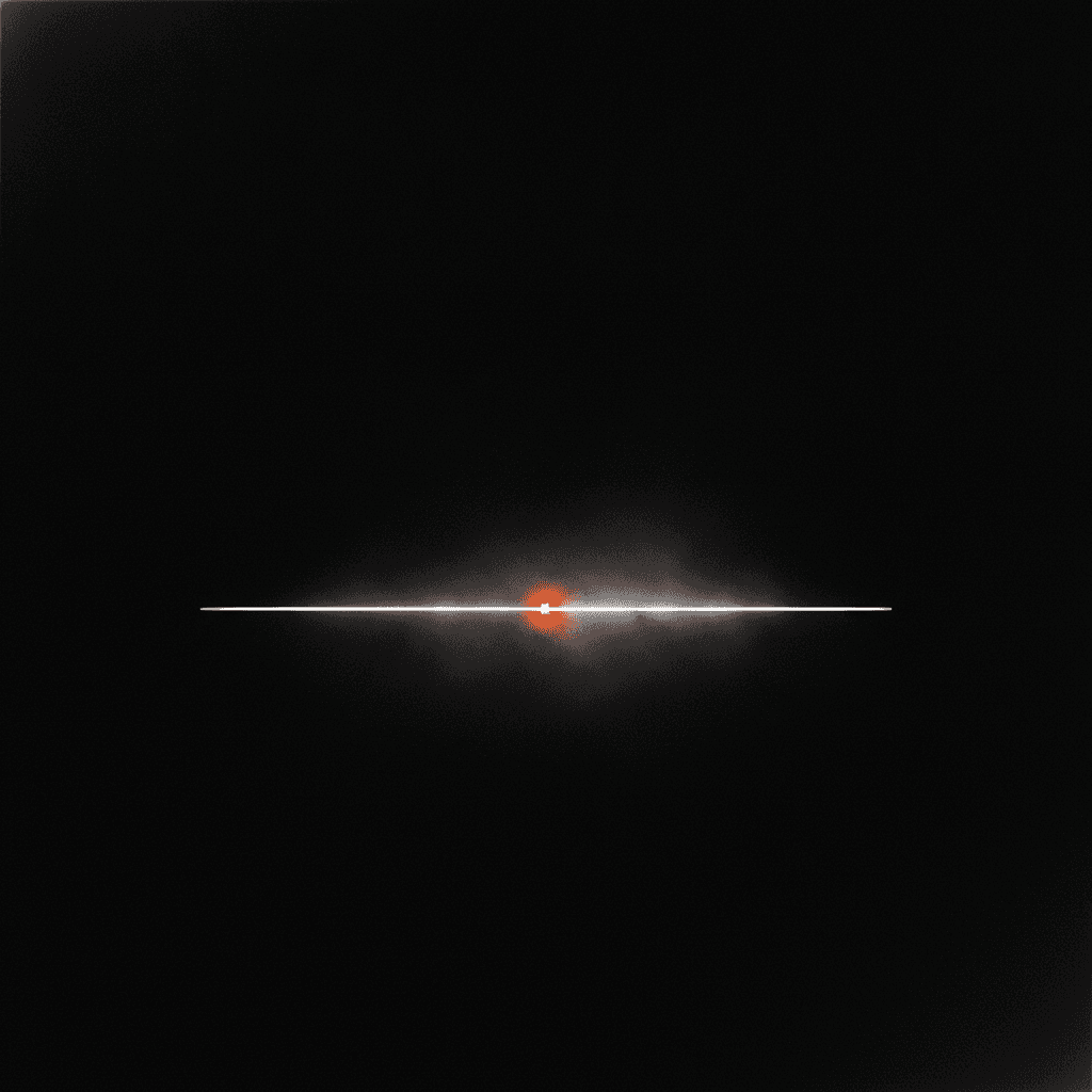 Single severed thread of cool light against deep black void with one orange break point