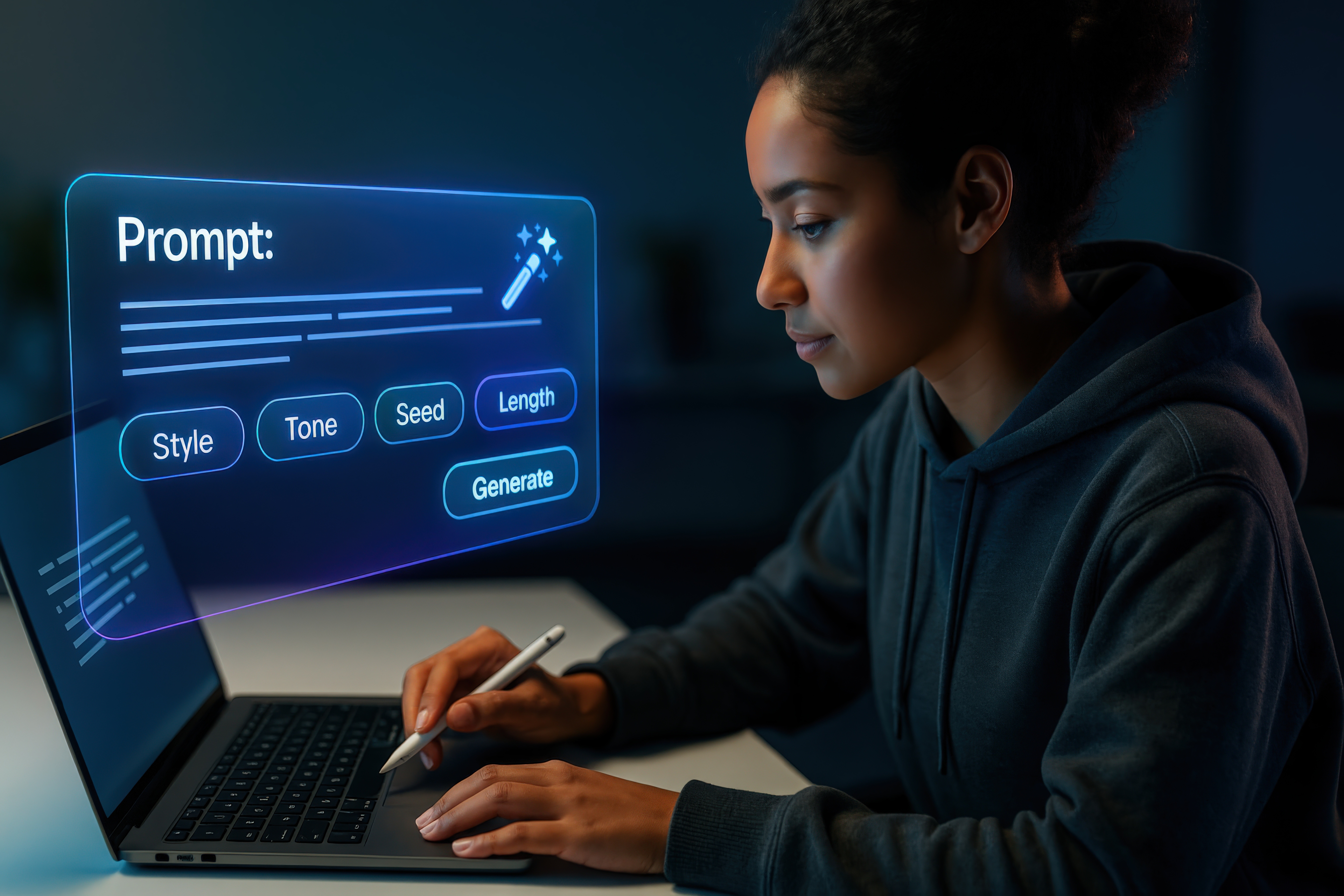 Professional using AI prompt tools on a laptop