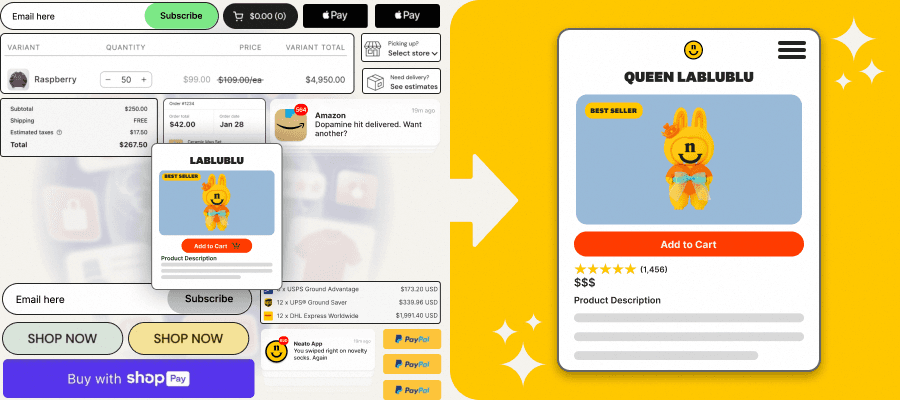 Ecommerce product page cluttered with popups, discounts, and payment buttons compared to a simplified, focused product layout.