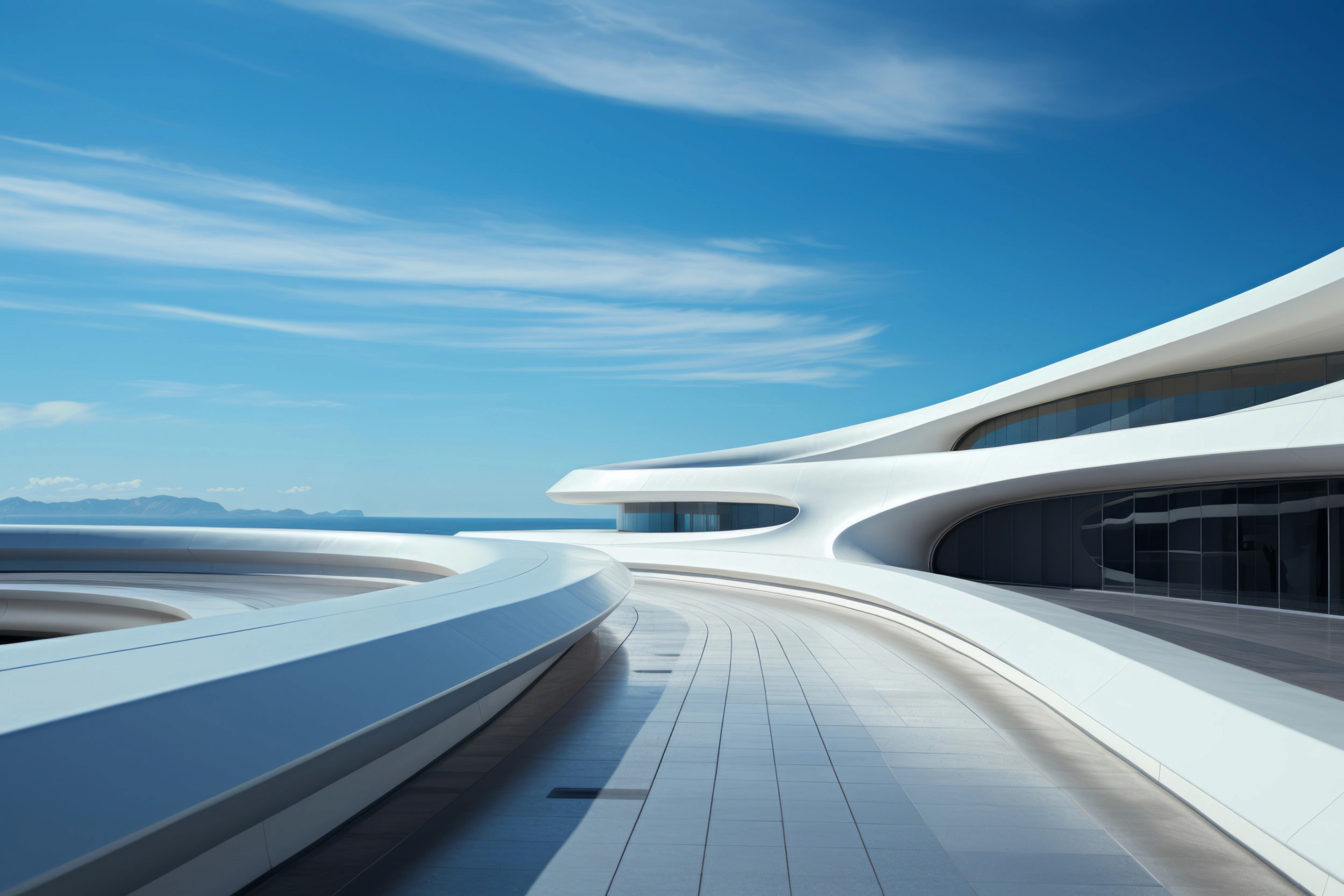 Futuristic white building with curved lines and large glass windows, set against a clear blue sky. The modern design conveys a sleek, open feel.