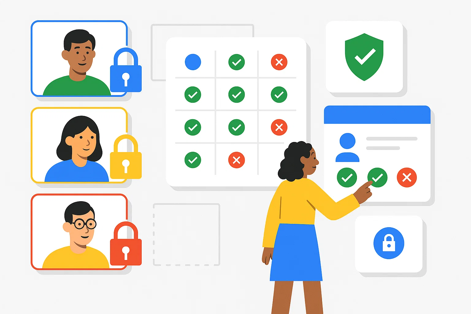 Enterprise role-based access control illustration showing user roles, permission matrix, and secure access management with check and cross indicators.