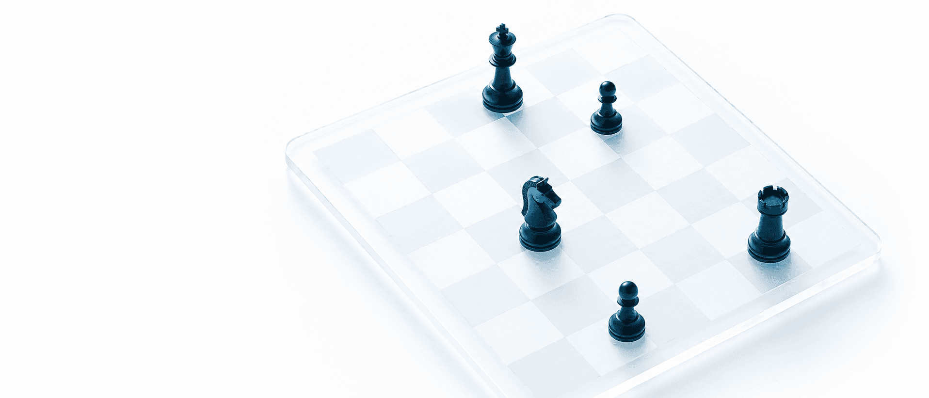A minimal chess board mid-game with deep teal pieces on a white board, representing strategic content decisions over high-volume publishing.