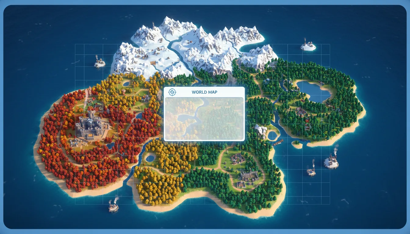 A top-down 3D render of a stylized video game world map, Unreal Engine aesthetic, high detail. The map shows an island with diverse biomes: a snow-covered arctic region in the north, temperate forests with lush green trees, and autumnal woods with vibrant yellow and red foliage. Winding rivers, roads, and small settlements are visible across the landscape. The island is surrounded by a deep blue ocean with sandy coastlines. A faint grid overlay covers the map, and a larger, semi-transparent white rectangular UI element is centered on the map. The scene has soft global illumination and a vibrant, saturated color palette. The entire image has a subtle blue rounded frame.