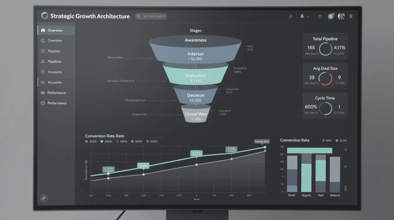 Das Bild zeigt ein strategisches Wachstumsarchitektur-Dashboard, das Pipeline-Metriken und Konversionsdaten visualisiert. Es dient der Analyse der B2B Leadgenerierung und der Qualifizierung von Leads, um die Effizienz im Vertrieb zu steigern und qualifizierte B2B Leads zu generieren.
