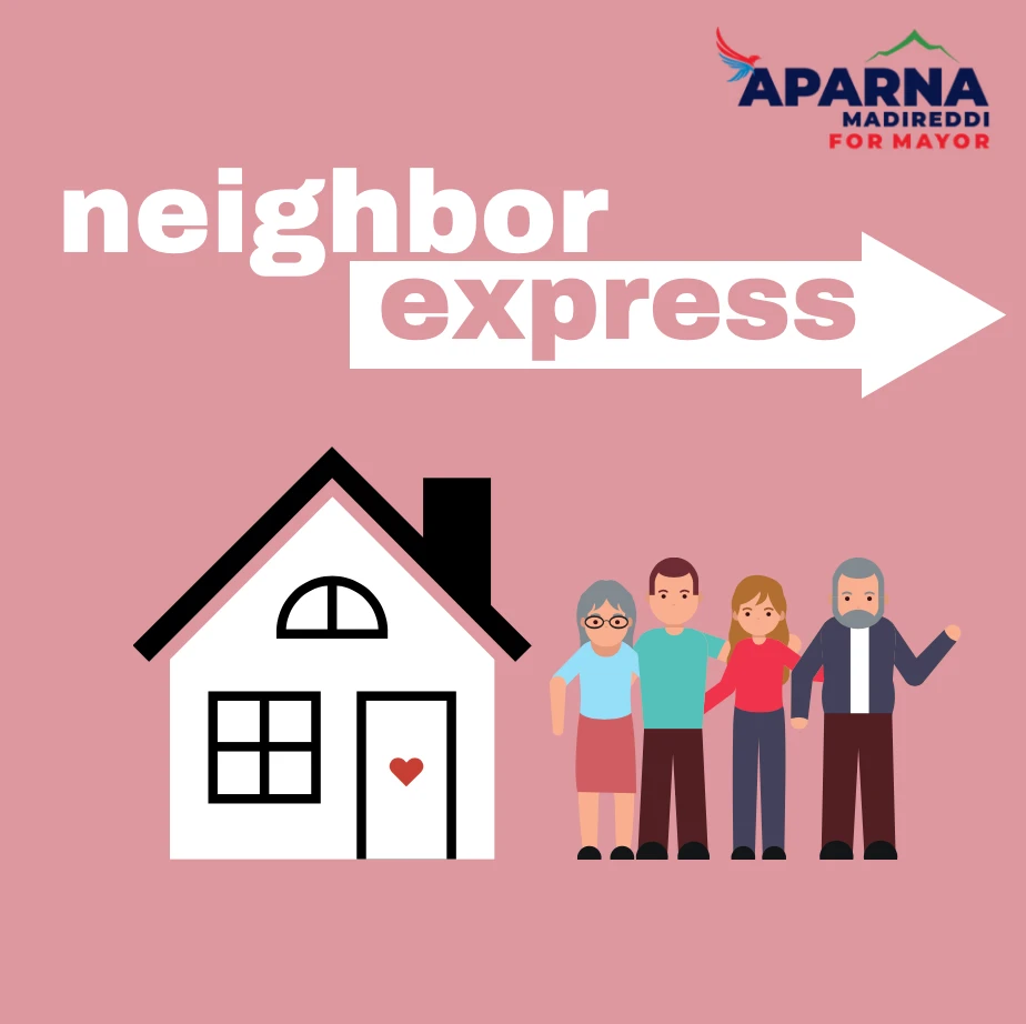 A pink graphic with a house and people.