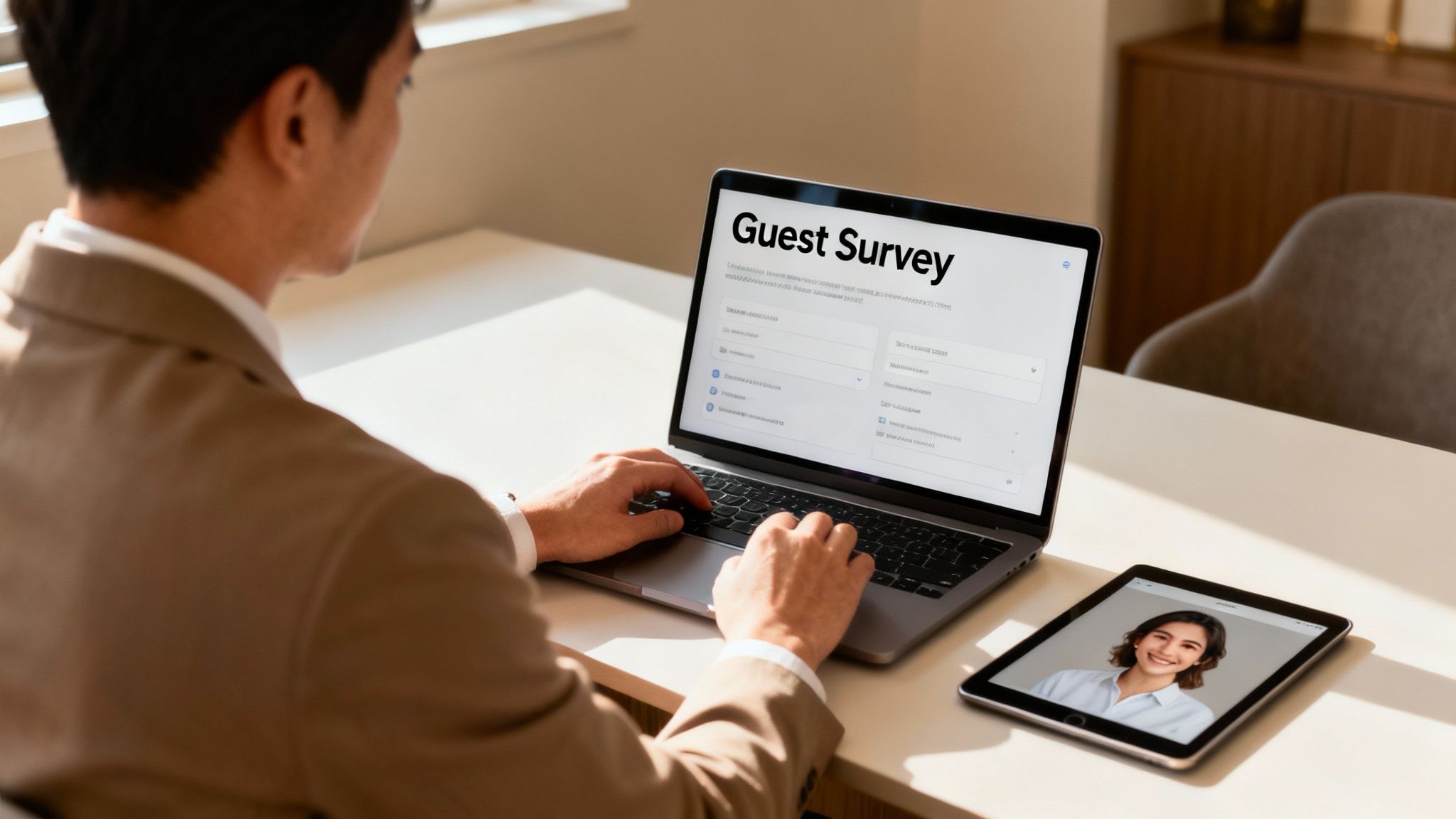 Man typing on a laptop displaying a 'Guest Survey' form, with a tablet showing a woman's face nearby.