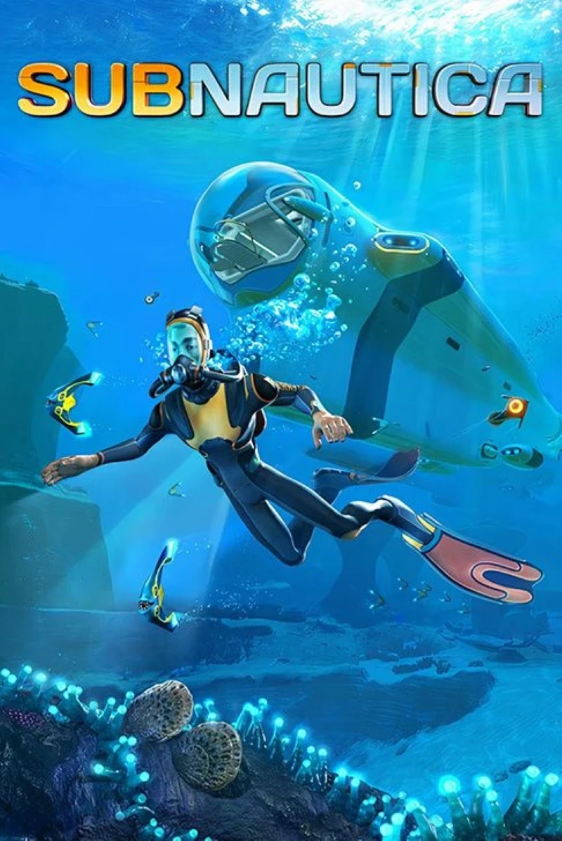 Game cover art featuring an underwater scene from the video game Subnautica, showing the word "Subnautica" above a diver in a high-tech suit surrounded by colourful aquatic life and a futuristic submarine, set in a vibrant ocean landscape.