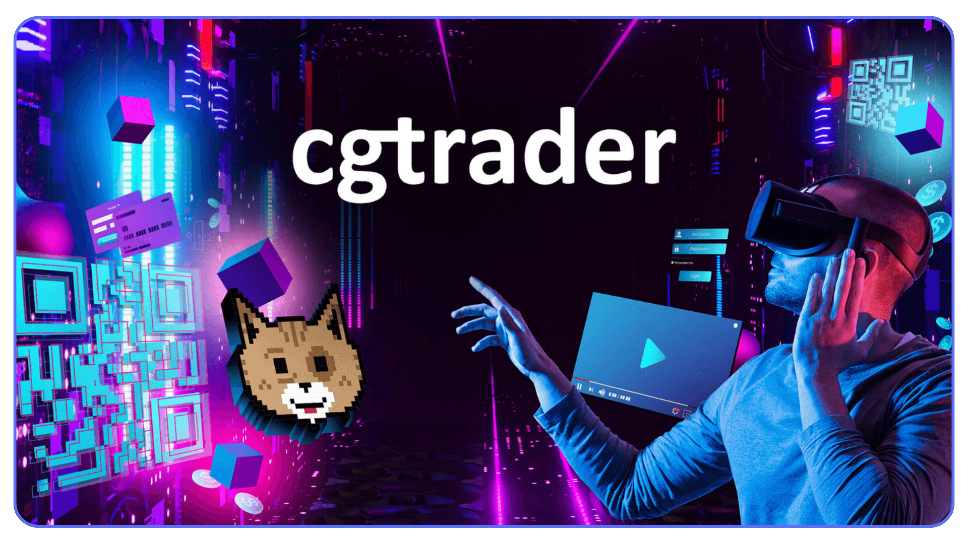 CGTrader logo with a VR user interacting with floating digital elements in a neon sci-fi environment.