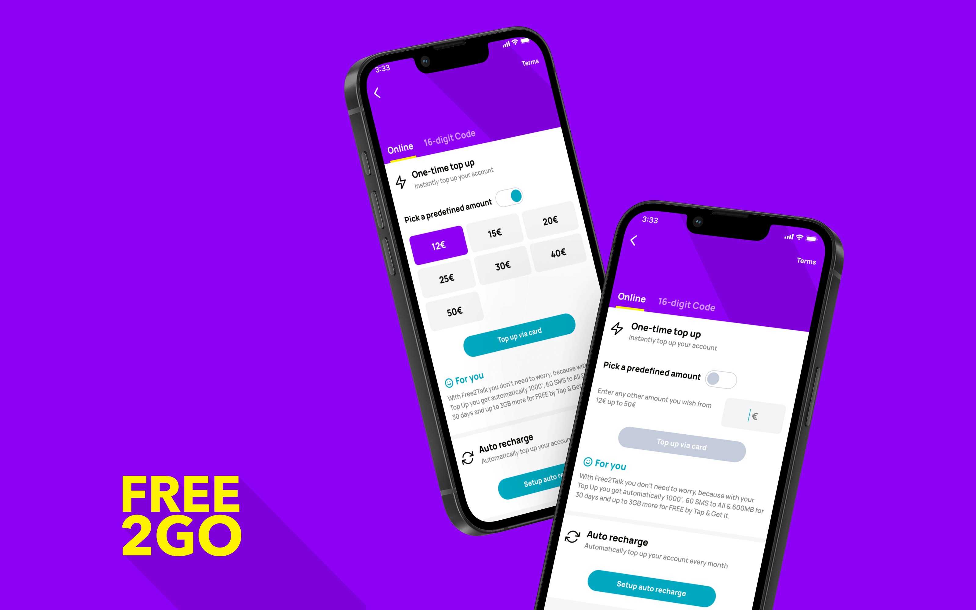 FREE2GO mobile app showing online top-up via card payment