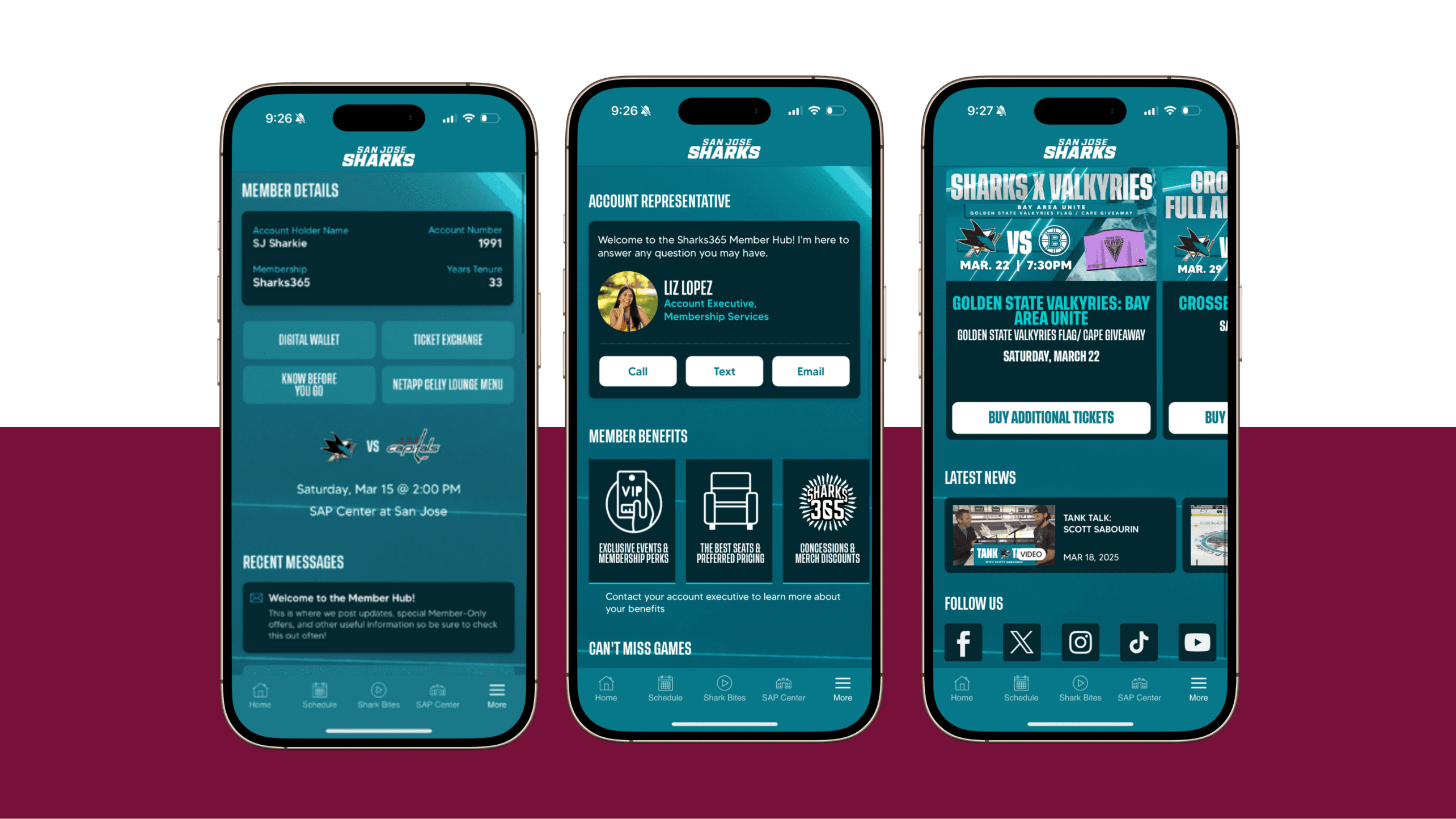 Three mobile screenshots of Sharks365 Member Hub in a logged in, member state