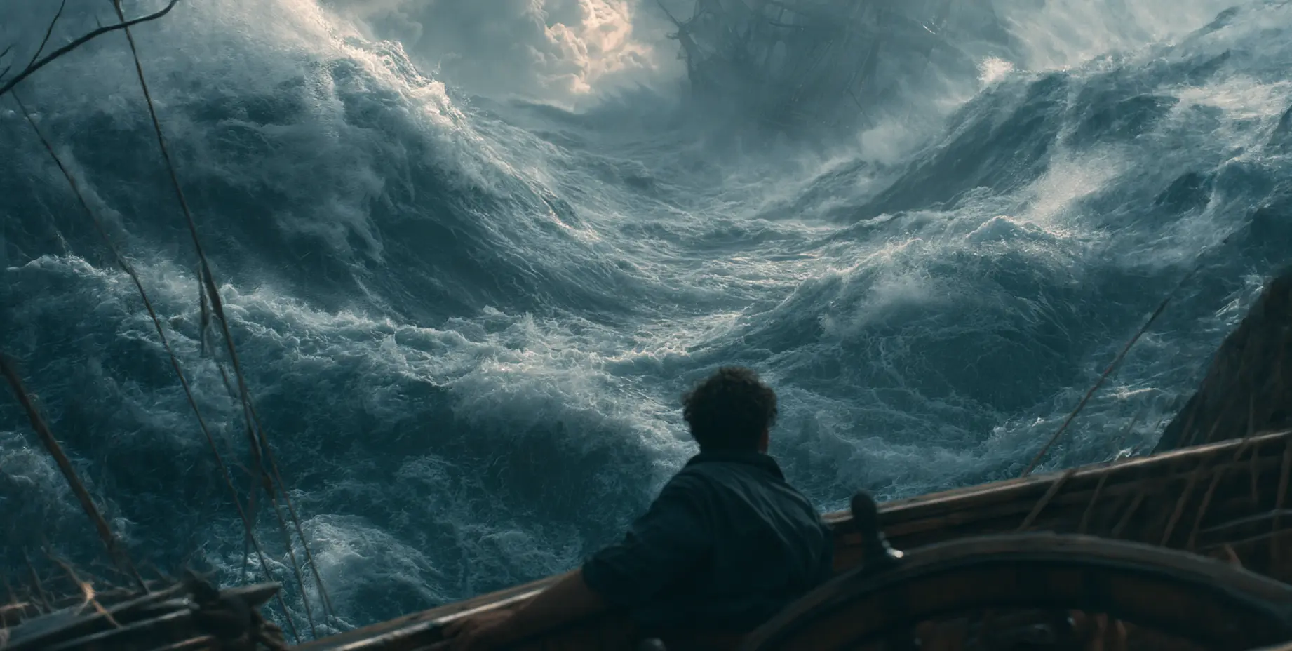 a wild boat captain navigating his ship through crazy waves and treacherous conditions