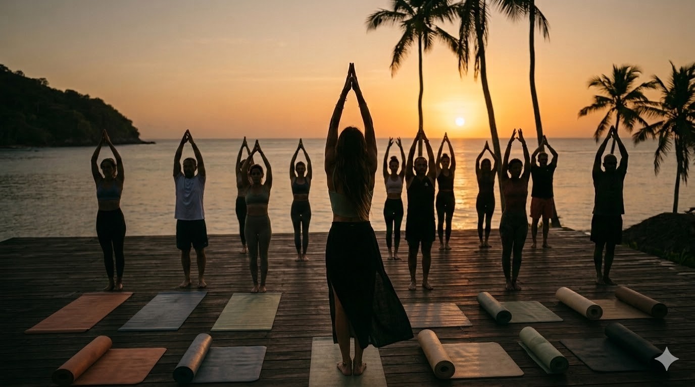 A close-up of hands performing a relaxing massage, with warm golden light illuminating the skin. The scene evokes a sense of relaxation and well-being.
