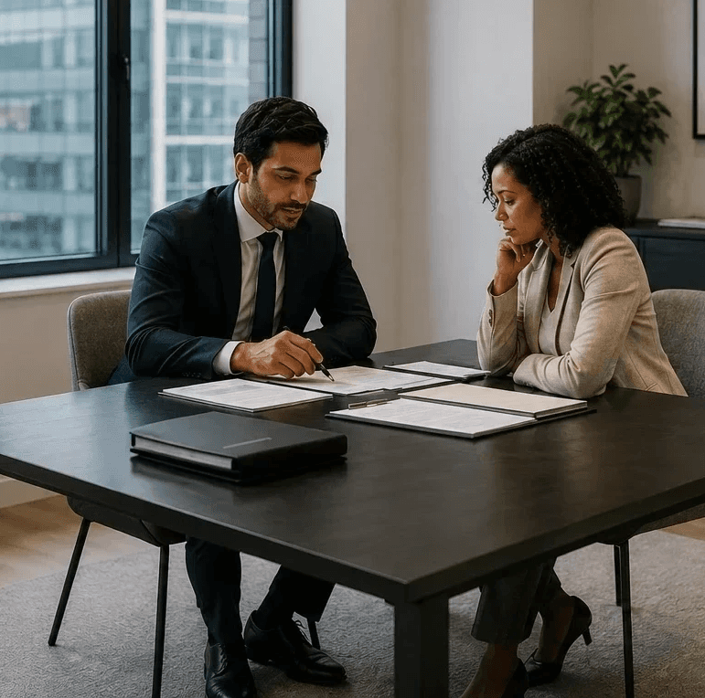 Two people reviewing legal documents during a Small Claims Court consultation in a modern Ontario office, discussing a civil claim and case strategy.