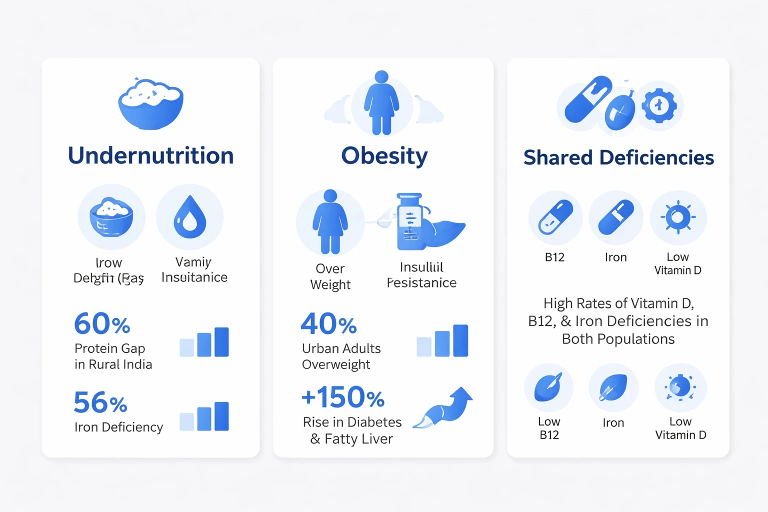 Modern infographic showing India's double burden of malnutrition in 2026 with three vertical cards on a light gray background, using accent blue for headings and icons, depicting undernutrition, obesity, and shared nutrient deficiencies.