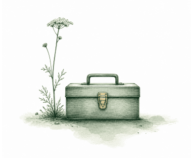 Line-drawn closed toolbox set down with its latch fastened and a single wildflower growing beside it