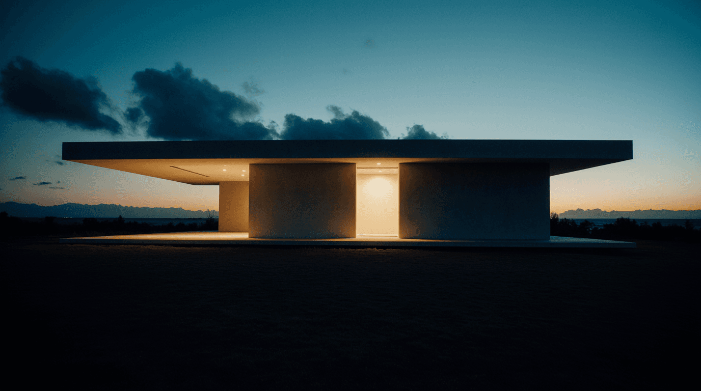 Minimalist flat-roofed house at twilight, softly illuminated against a backdrop of dark clouds and fading light.