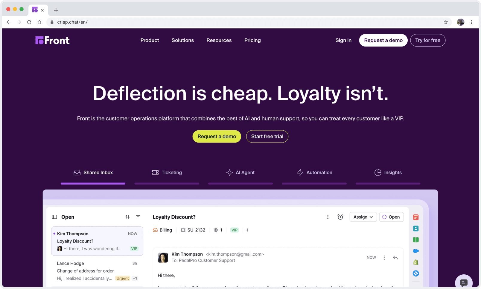 Front shared inbox dashboard showing customer support ticket management