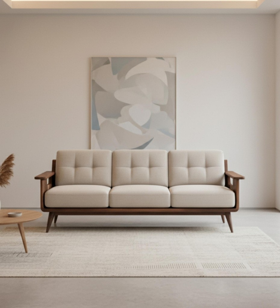 Three‑seater cream upholstered sofa with tufted back cushions and wooden arm frame
