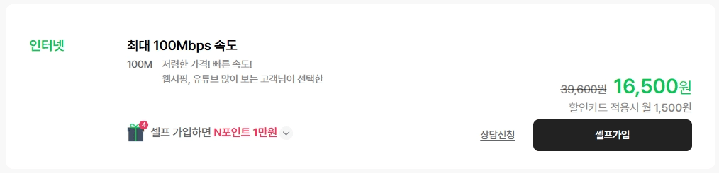 스카이라이프 인터넷 단독 요금제 안내. 최대 100Mbps 속도 상품을 월 39,600원에서 할인된 16,500원에 제공하며, 셀프 가입 시 N포인트 1만 원 증정 혜택을 명시합니다.
