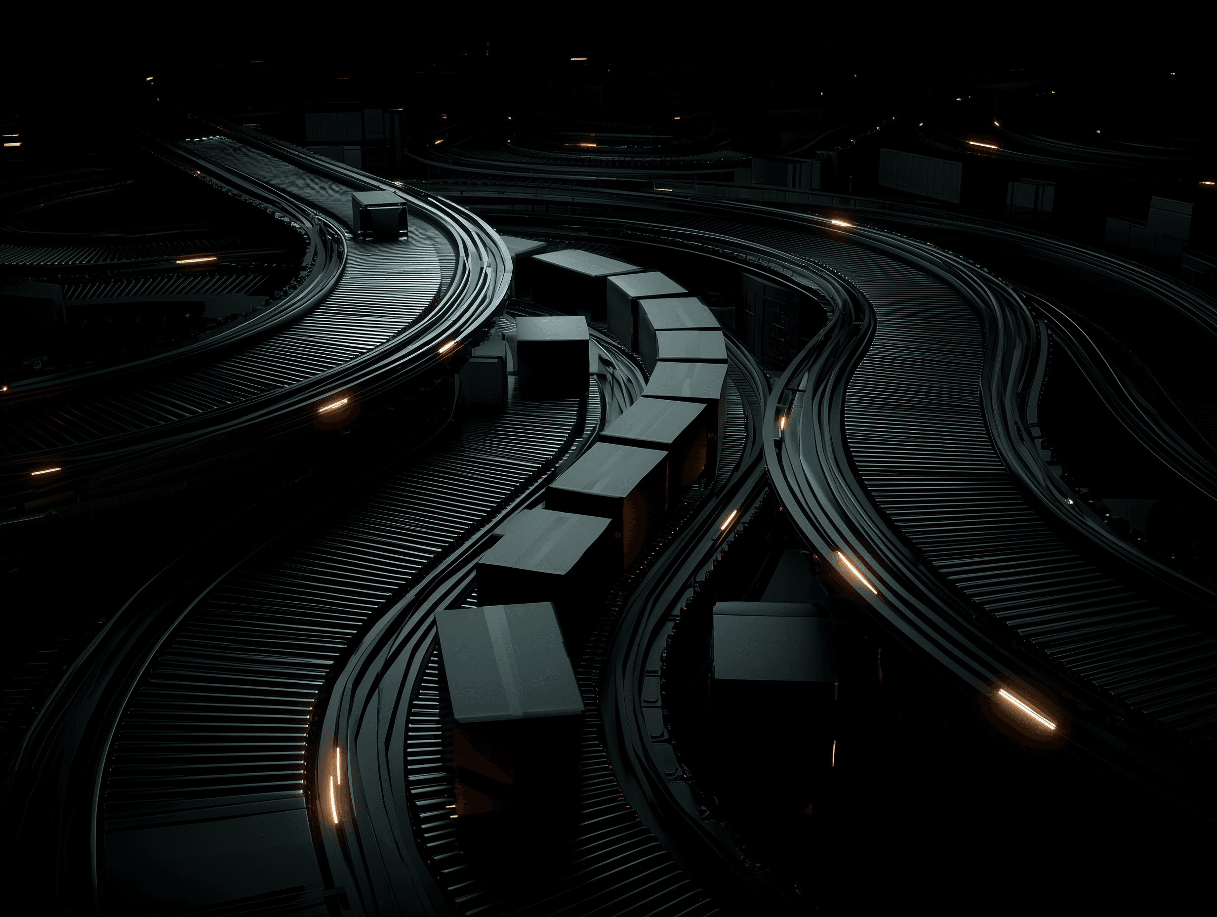 Dark, abstract parcel distribution system with black conveyor lanes and box-like packages moving through a high-speed logistics network.