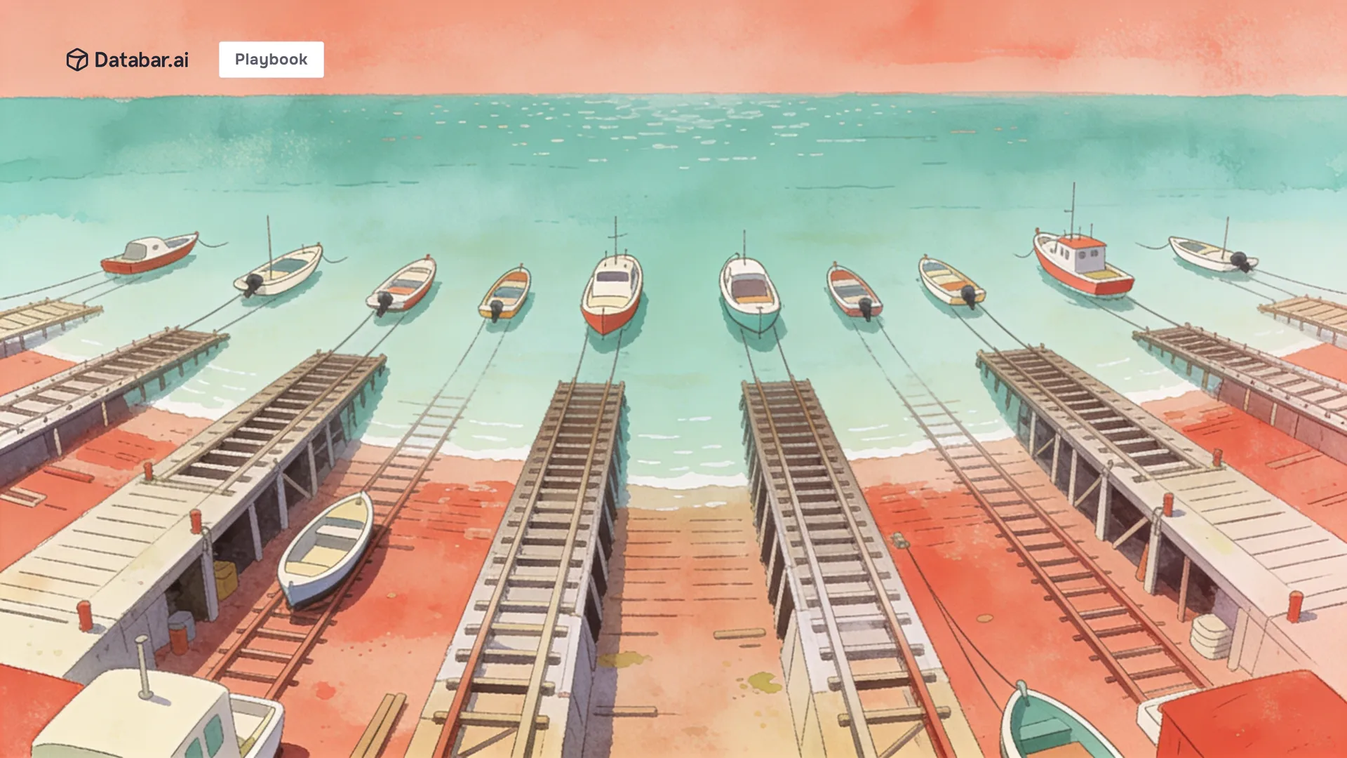 Aerial illustration of boatyard slipways launching vessels — outbound automation for a product launch