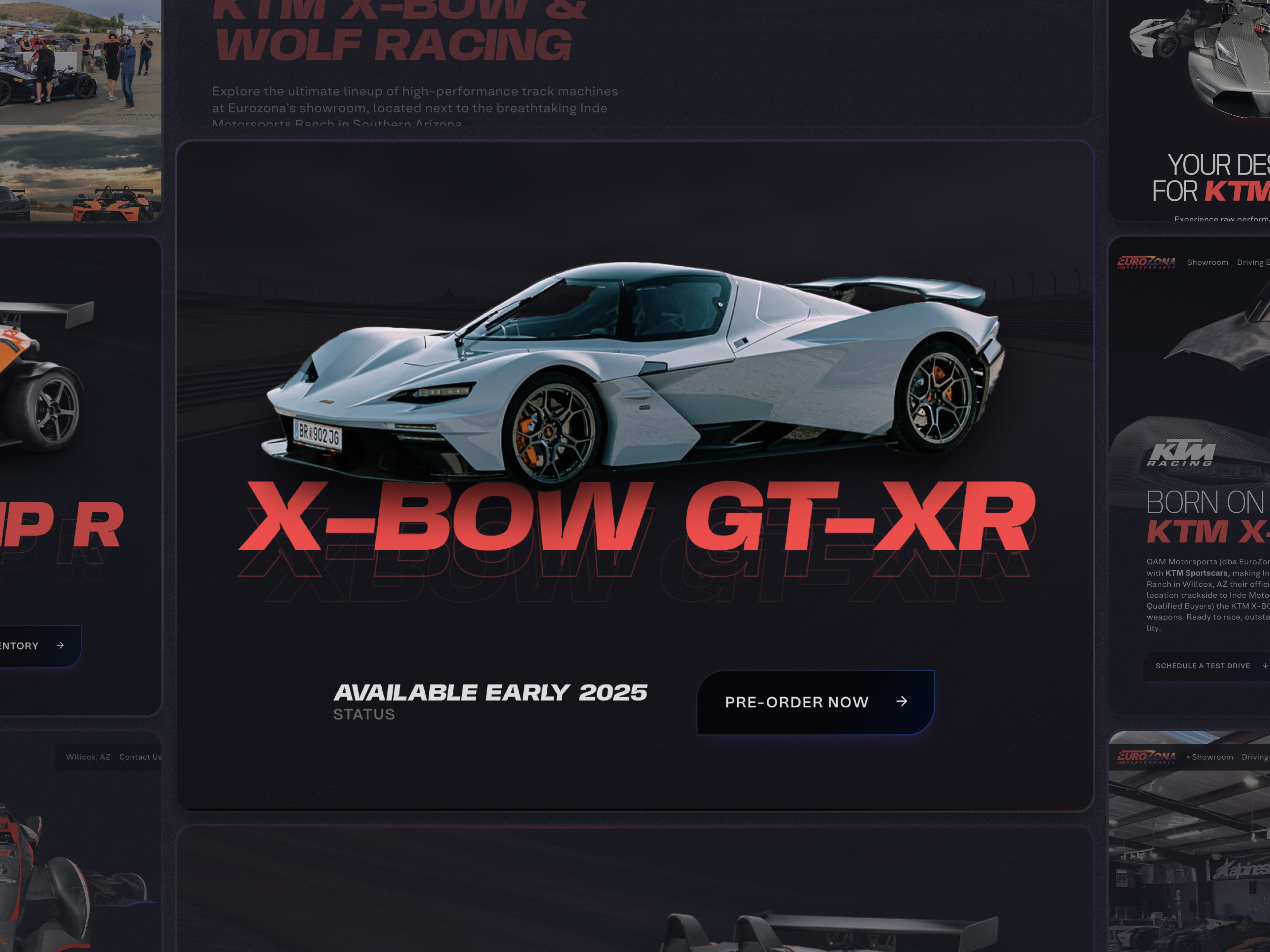 A promotional image of a sleek, futuristic white sports car labeled "X-BOW GT-XR" prominently displayed in the center. The text highlights that it will be "Available Early2025," with an option to "Pre-Order Now." The background features a dark, stylish design, emphasizing the elegance and performance appeal of the vehicle.