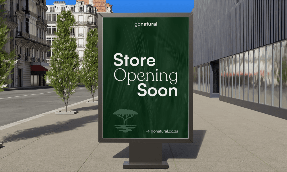 A street sign with artwork that says the store is opening soon.