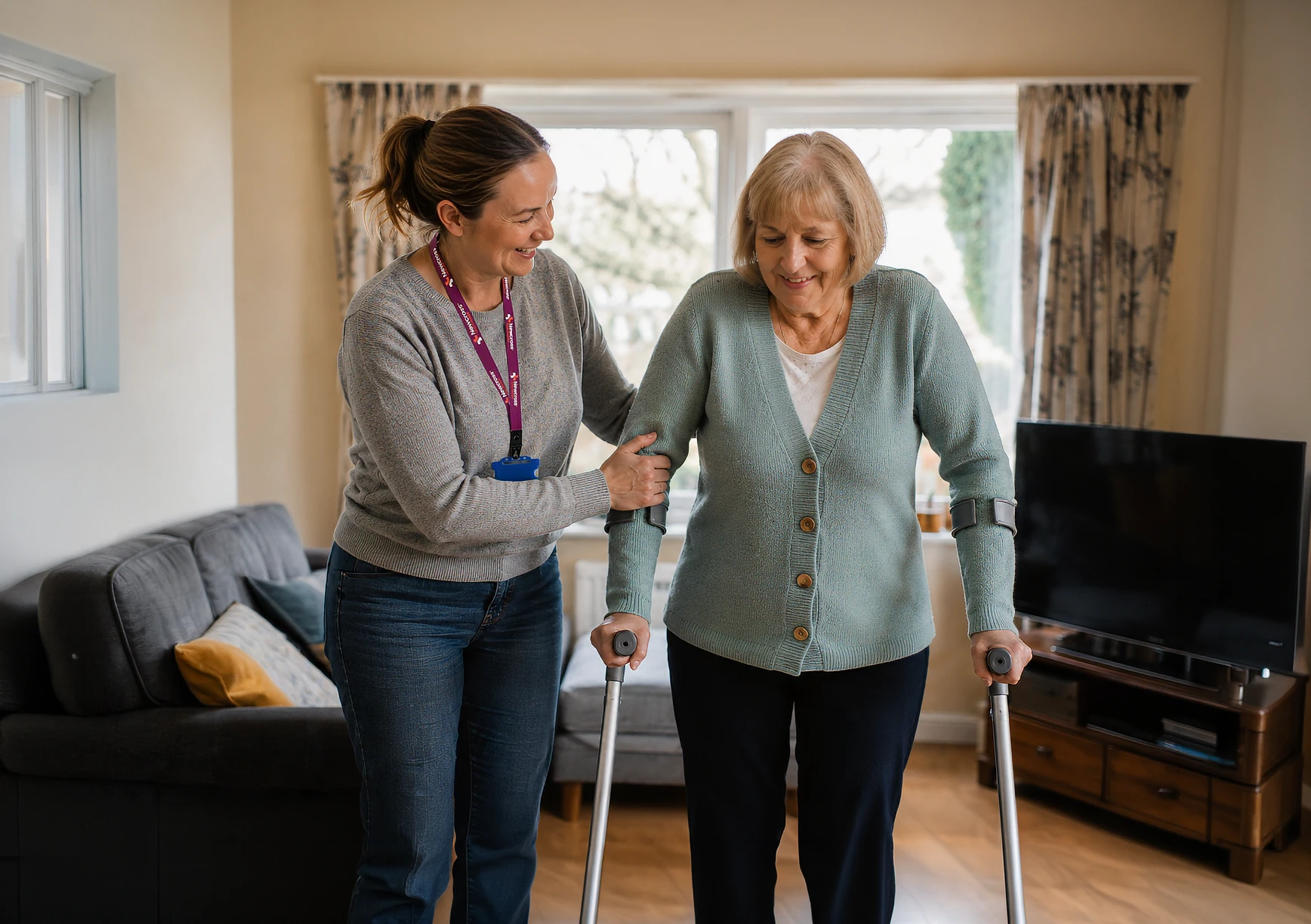 A Newcross care professional supporting an elderly woman as she walks using forearm crutches in her living room at home.