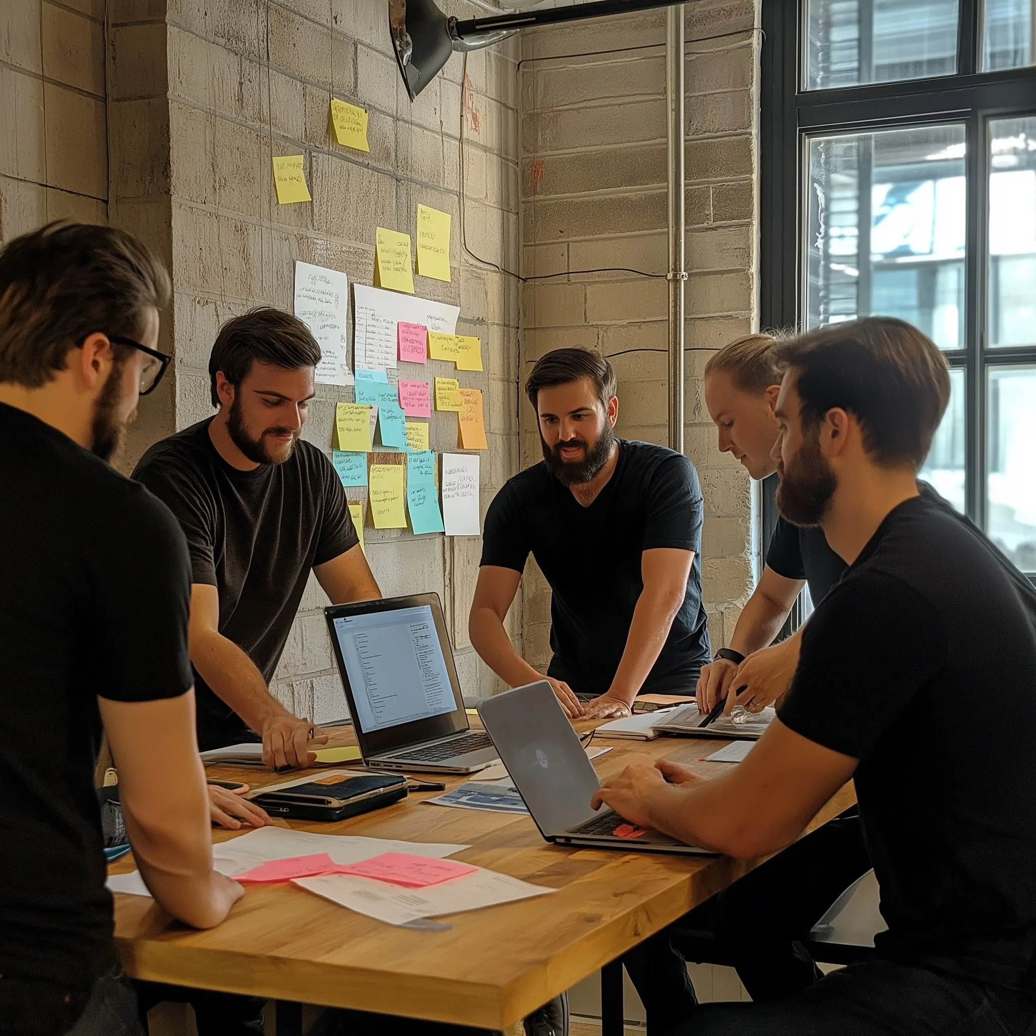 Five men collaborating at a table with laptops and sticky notes.