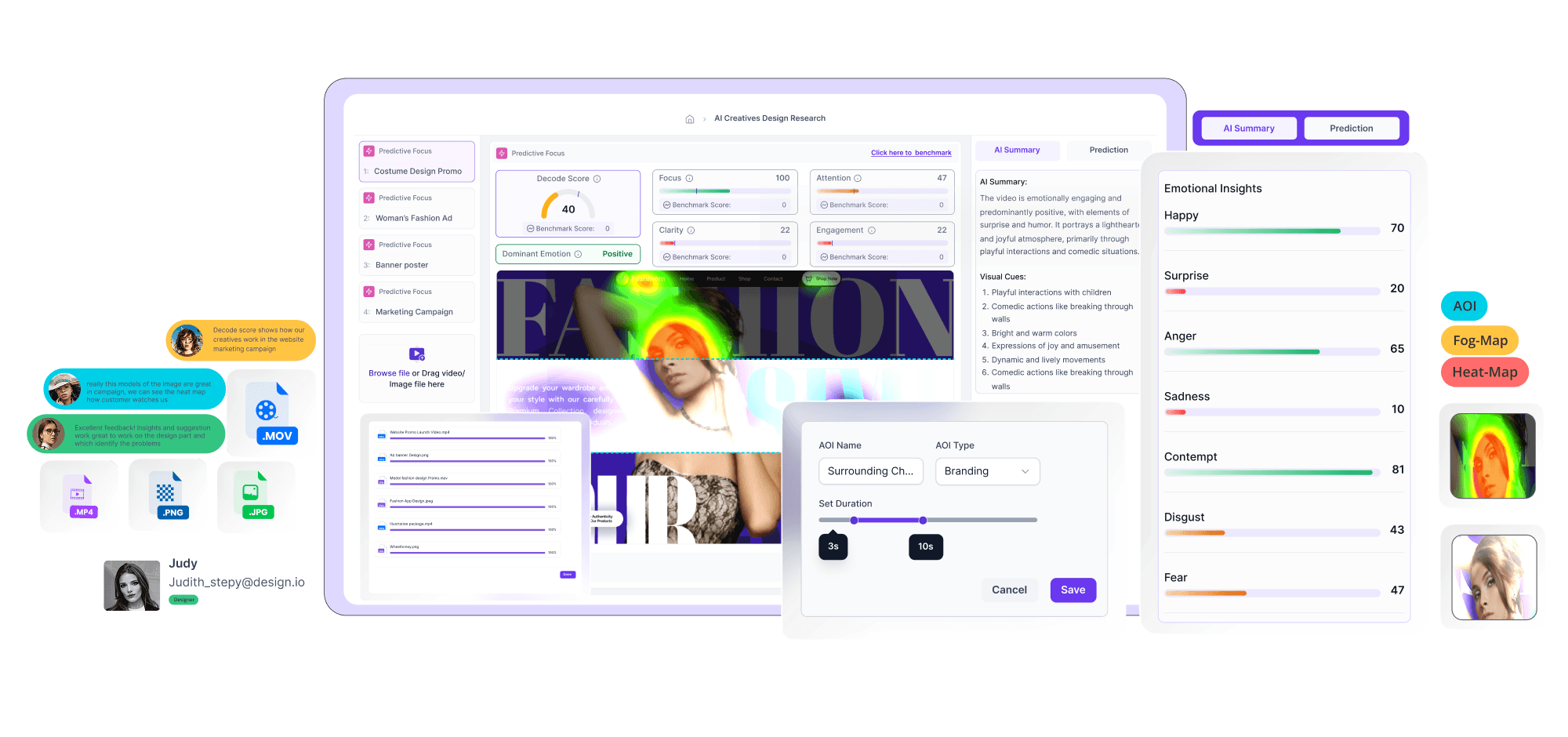 Decode by Entropik AI Creative Insights dashboard showing creative evaluation signals such as focus, attention, clarity, engagement, emotion, and AI summary for multiple campaign assets.