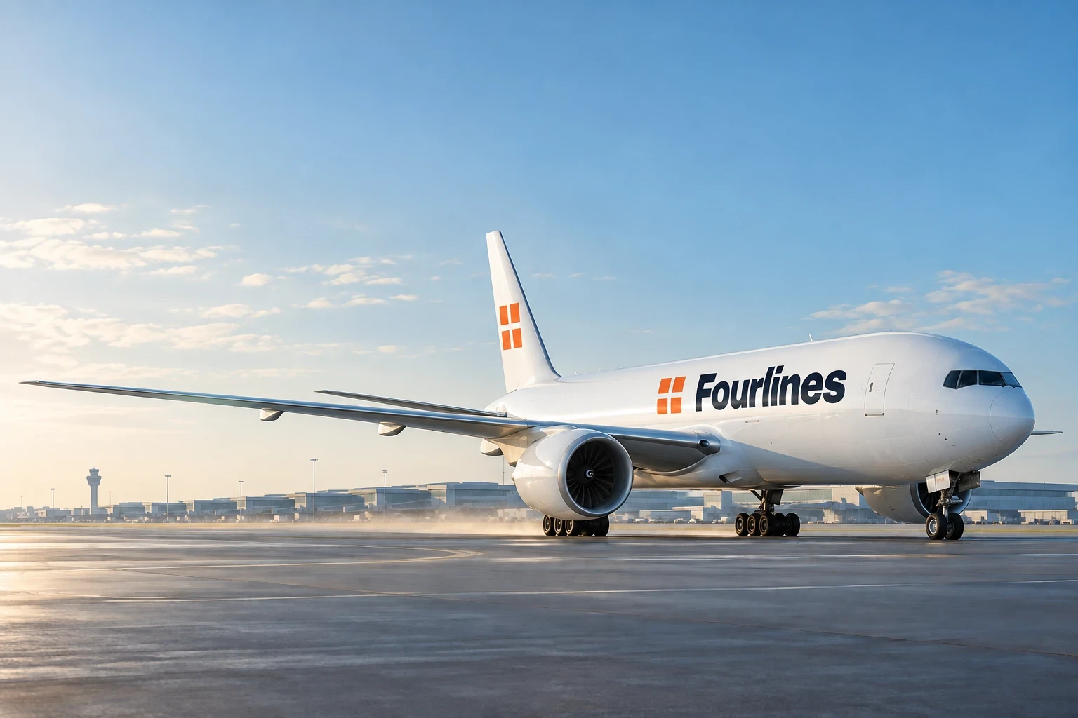 White cargo aircraft with Fourlines branding on its fuselage and tail at an airport apron